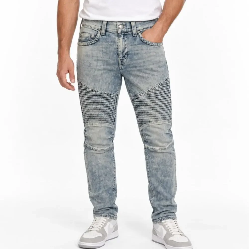 True Religion Men's Moto Biker Jeans Light Acid Wash Size 33x32 Y2K Streetwear